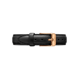 Premium black Italian leather watch strap with detailed stitching and a rose gold buckle engraved with the Daniel Wellington logo, designed for a refined and versatile look.