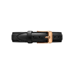 Premium black Italian leather watch strap with detailed stitching and a rose gold buckle engraved with the Daniel Wellington logo, designed for a refined and versatile look.