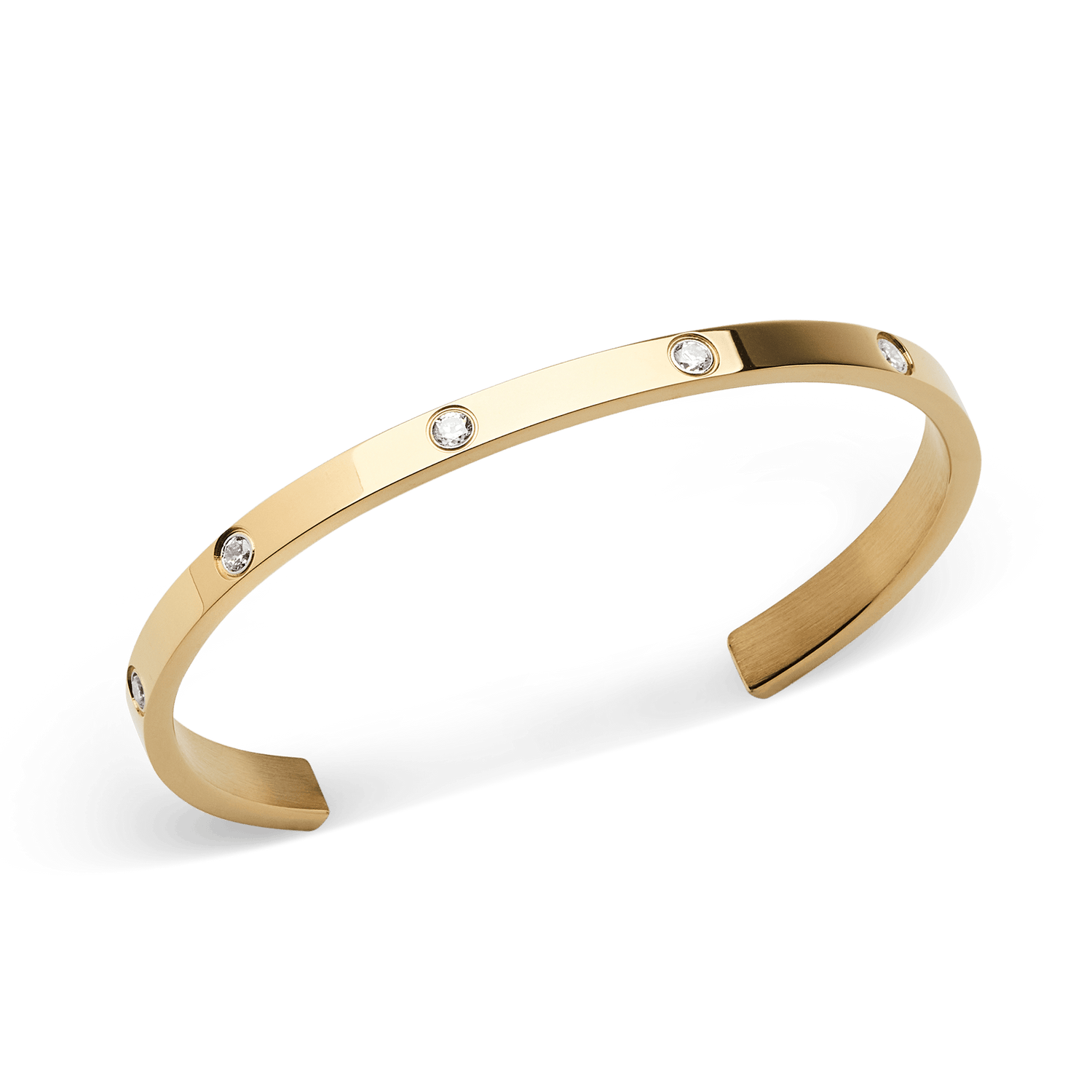 Classic Lumine Bracelet Gold 55mm featuring a sleek open bangle design in polished gold-tone stainless steel, set with eight sparkling cubic zirconia crystals for a refined, modern finish.