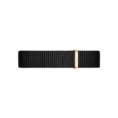 Cornwall Strap Rose Gold features a sleek black polyester NATO watch strap with a polished rose gold loop, designed for a comfortable fit and a refined, modern finish.