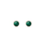Pair of gold stud earrings featuring round green malachite stones with natural veining, each surrounded by a border of sparkling white cubic zirconia crystals. The compact, circular design highlights the rich green tones and elegant gold finish.
