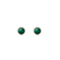 Pair of gold stud earrings featuring round green malachite stones with natural veining, each surrounded by a border of sparkling white cubic zirconia crystals. The compact, circular design highlights the rich green tones and elegant gold finish.