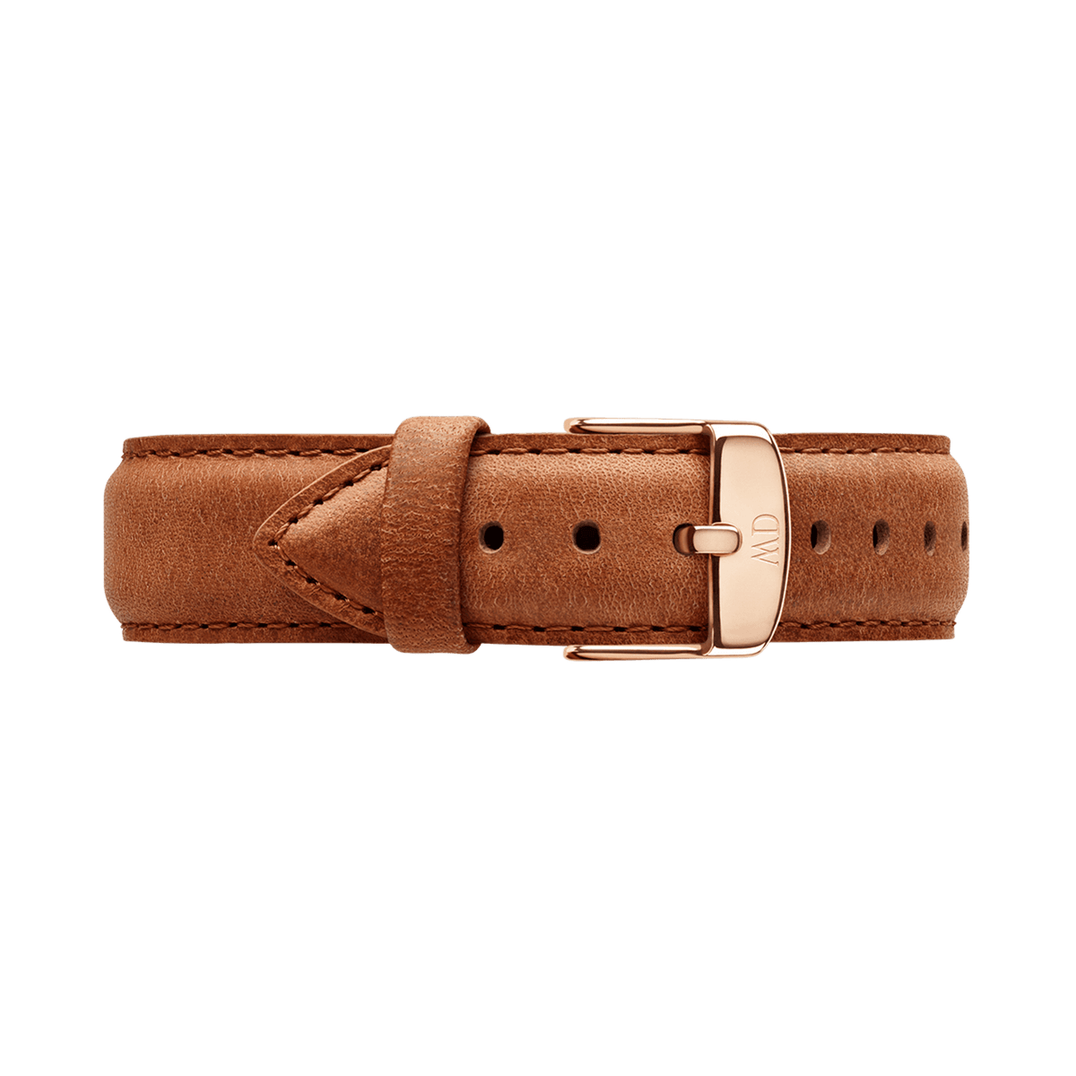Light brown Durham Strap Rose Gold crafted from genuine leather, featuring a vintage-inspired finish, neat stitching, and a polished rose gold buckle engraved with the Daniel Wellington logo.