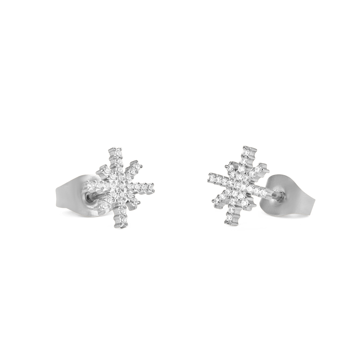 Mirelle Star Earring Silver stud earrings shown from an angled view, featuring a polished stainless steel finish and starburst design set with sparkling white cubic zirconia crystals.