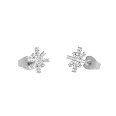Mirelle Star Earring Silver stud earrings shown from an angled view, featuring a polished stainless steel finish and starburst design set with sparkling white cubic zirconia crystals.