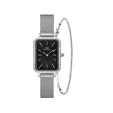 Silver Daniel Wellington rectangular watch with a black dial, diamanté bezel, silver mesh strap, and matching twisted silver bracelet.