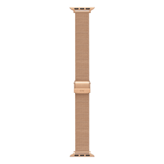 Rose gold mesh smartwatch strap with a brushed stainless steel DW clasp, designed for Apple Watch with a slim, adjustable fit.