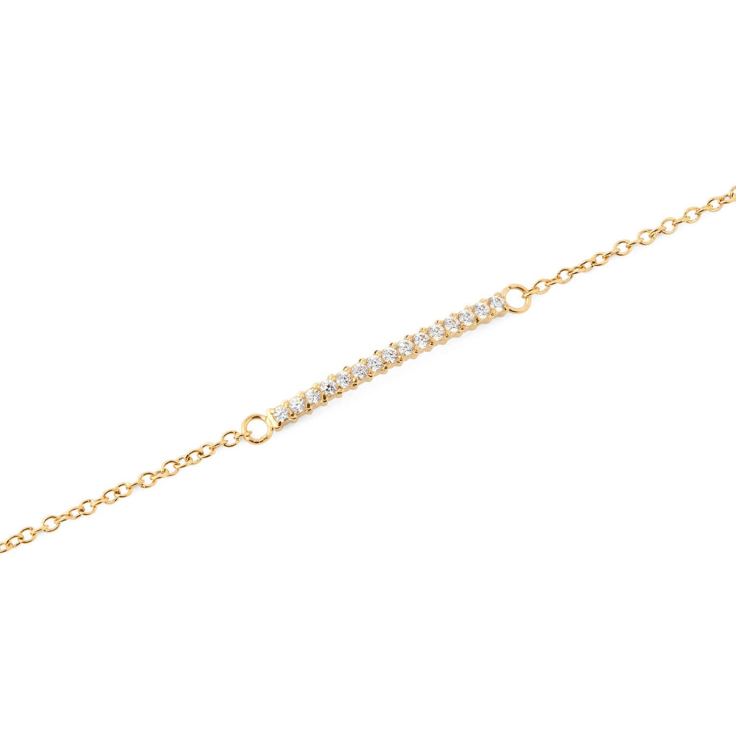 Close-up of the Mirelle Eternity Bracelet Gold, highlighting its slim gold chain and a delicate bar set with sparkling white cubic zirconia crystals.