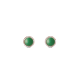 Rose gold stud earrings with round green jade centre, encircled by sparkling cubic zirconia, elegant and timeless design.
