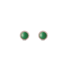 Rose gold stud earrings with round green jade centre, encircled by sparkling cubic zirconia, elegant and timeless design.