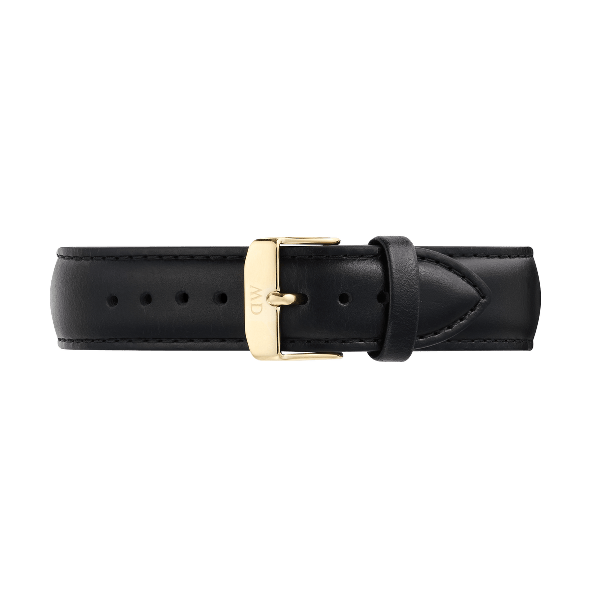 Black leather watch strap with a tapered design, featuring a polished gold pin buckle engraved with 