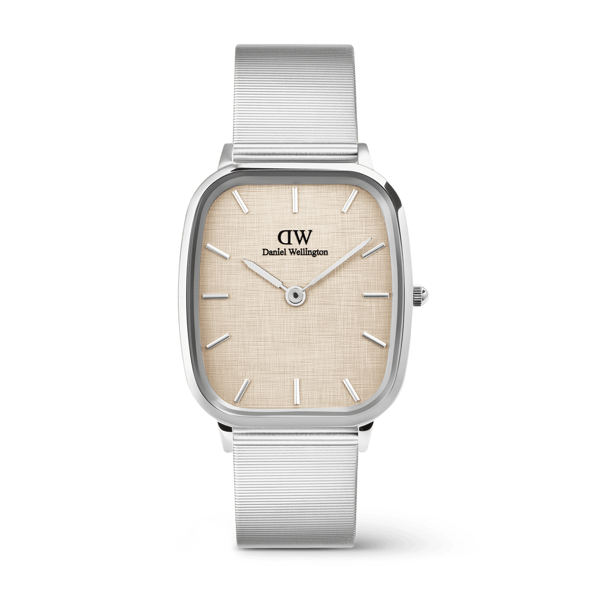 Silver Daniel Wellington Marlon Wire Linen watch featuring a cushion-shaped stainless steel case, linen-textured beige dial, minimalist silver hour markers, and a sleek wire mesh strap.