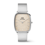 Silver Daniel Wellington Marlon Wire Linen watch featuring a cushion-shaped stainless steel case, linen-textured beige dial, minimalist silver hour markers, and a sleek wire mesh strap.
