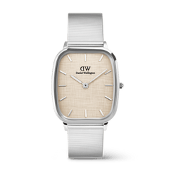 Silver Daniel Wellington Marlon Wire Linen watch featuring a cushion-shaped stainless steel case, linen-textured beige dial, minimalist silver hour markers, and a sleek wire mesh strap.