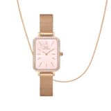 Rectangular rose gold watch with a pink mother of pearl dial and sparkling bezel, paired with a matching flat chain necklace, both featuring a refined and elegant design.