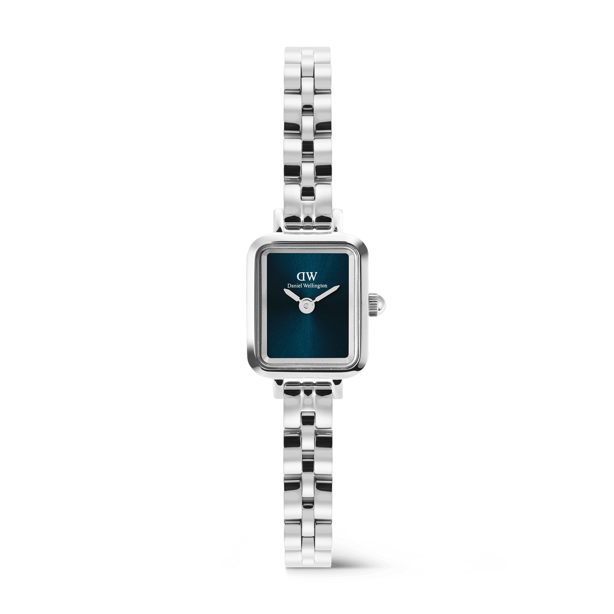 Quadro Mini Arch 3-link Arctic Sunray Silver women’s watch featuring a petite rectangular stainless steel case, deep blue sunray dial without indices, and a polished three-link silver bracelet.