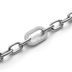 Close-up of the Crystal Link Necklace Silver, highlighting the bold central link encrusted with sparkling cubic zirconia crystals set in polished stainless steel.