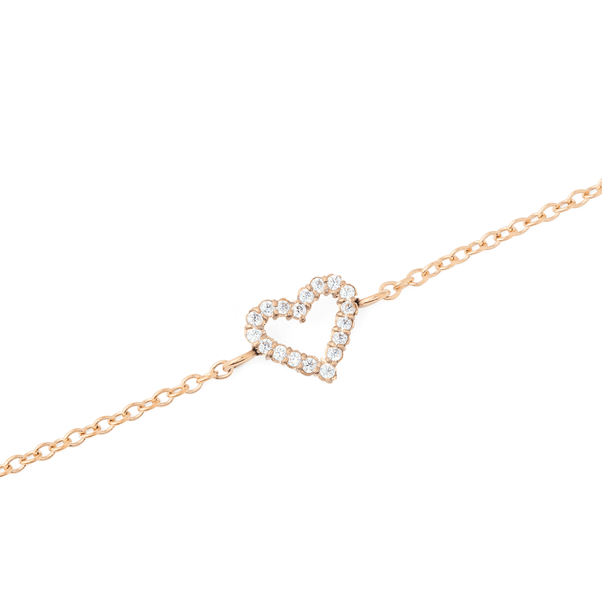 Close-up of the Mirelle Heart Bracelet Rose Gold, featuring a slim rose gold chain and an open heart charm adorned with sparkling white cubic zirconia crystals.