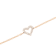 Close-up of the Mirelle Heart Bracelet Rose Gold, featuring a slim rose gold chain and an open heart charm adorned with sparkling white cubic zirconia crystals.