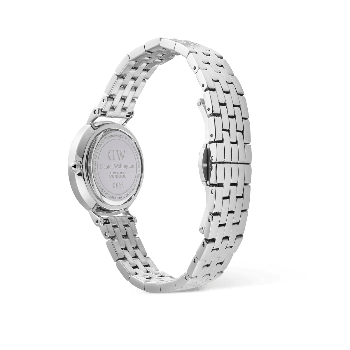 Rear view of the Daniel Wellington Petite Roman Numerals Date 5-link Silver watch, showing the engraved stainless steel case back and the polished 5-link adjustable strap with butterfly clasp.
