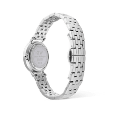 Rear view of the Daniel Wellington Petite Roman Numerals Date 5-link Silver watch, showing the engraved stainless steel case back and the polished 5-link adjustable strap with butterfly clasp.