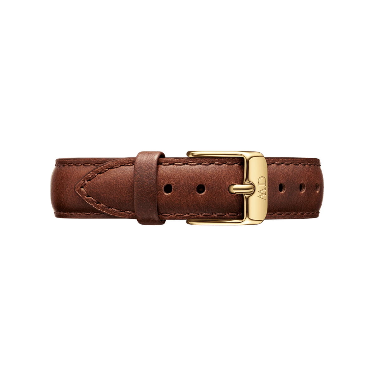 St Mawes Strap Gold featuring smooth brown leather, detailed stitching, and a polished gold buckle with engraved branding, designed to suit a range of Daniel Wellington watches.