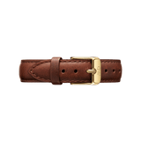 St Mawes Strap Gold featuring smooth brown leather, detailed stitching, and a polished gold buckle with engraved branding, designed to suit a range of Daniel Wellington watches.