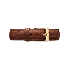 St Mawes Strap Gold featuring smooth brown leather, detailed stitching, and a polished gold buckle with engraved branding, designed to suit a range of Daniel Wellington watches.