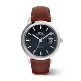 Classic men’s watch with an arctic blue enamel dial, silver markers, magnified date display, and a brown Italian leather strap.