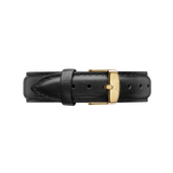 Black leather Sheffield Strap Gold with refined stitching and a polished gold buckle, designed for a classic and elegant watch upgrade.