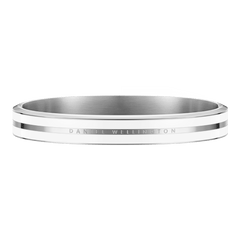 Minimalist silver bangle with a satin white enamel finish and Daniel Wellington engraved branding, crafted from stainless steel.