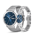 Classic Day & Ophelia Mini Arctic Silver Set featuring a men’s stainless steel mesh strap watch with a blue dial and day-date display, paired with a women’s petite silver link bracelet watch with a matching blue face, both showcasing elegant and contemporary design.