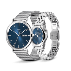 Classic Day & Ophelia Mini Arctic Silver Set featuring a men’s stainless steel mesh strap watch with a blue dial and day-date display, paired with a women’s petite silver link bracelet watch with a matching blue face, both showcasing elegant and contemporary design.