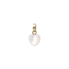 Heart-shaped charm crafted from genuine mother of pearl with a gold PVD-plated stainless steel setting, featuring a luminous, iridescent finish and a simple gold clasp for easy attachment to necklaces or bracelets.