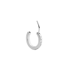 Crystal Hoop Earring Silver shown open, highlighting its polished silver finish and a row of sparkling cubic zirconia crystals in a modern claw setting.