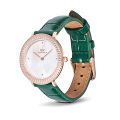 Crystalline Bezel Green Croc Rose Gold women’s watch featuring a mother of pearl dial, rose gold case with sparkling crystals, and an emerald green crocodile-textured leather strap with a classic pin buckle.