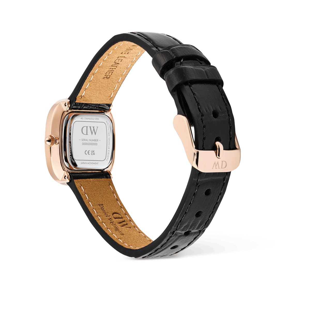 Rear view of the Margot Reading Onyx Ceramic Rose Gold watch, showing the engraved stainless steel case back, black croc leather strap, and rose gold pin buckle with MD initials. The stitching and quality leather highlight its refined craftsmanship.