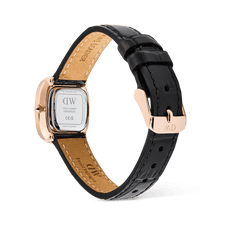 Rear view of the Margot Reading Onyx Ceramic Rose Gold watch, showing the engraved stainless steel case back, black croc leather strap, and rose gold pin buckle with MD initials. The stitching and quality leather highlight its refined craftsmanship.