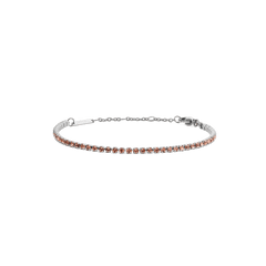 Slim silver tennis bracelet featuring a row of apricot-coloured Preciosa crystals, with an adjustable chain and secure lobster clasp.