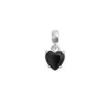 Heart-shaped black cubic zirconia charm set in sterling silver with a claw setting and a polished bail, designed for necklaces or bracelets.