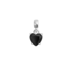 Heart-shaped black cubic zirconia charm set in sterling silver with a claw setting and a polished bail, designed for necklaces or bracelets.