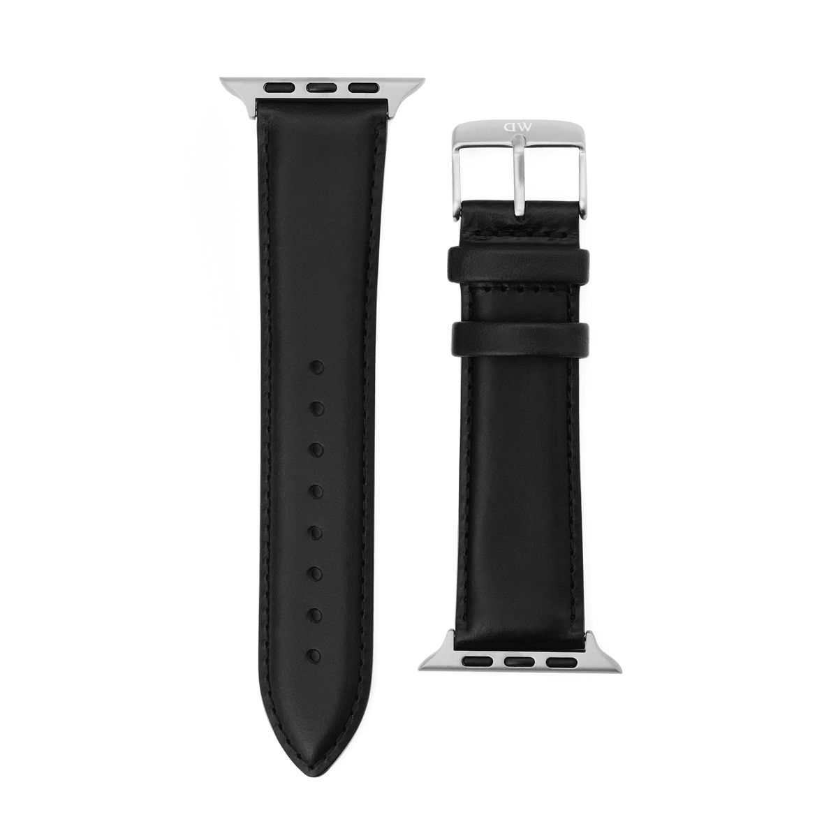 Smartwatch Leather Strap Sheffield Silver in black leather, featuring subtle stitching, a polished silver pin buckle, and stainless steel connectors designed to fit the Apple Watch Ultra.