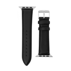 Smartwatch Leather Strap Sheffield Silver in black leather, featuring subtle stitching, a polished silver pin buckle, and stainless steel connectors designed to fit the Apple Watch Ultra.