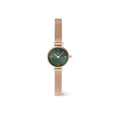 Petite Mini Emerald Melrose watch featuring a round emerald green sunray dial, minimalist markers, and a slim rose gold mesh strap, designed for small wrists.