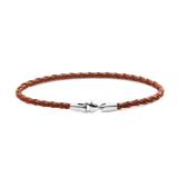 Slim brown braided leather bracelet with a polished silver stainless steel clasp, featuring a minimalist and elegant design ideal for everyday wear.