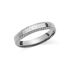 Polished silver ring crafted from stainless steel, featuring two rows of white cubic zirconia crystals along the chamfered edge and an engraved Daniel Wellington logo for an elegant, contemporary look.
