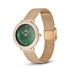 Crystalline Bezel Evergold Green women’s watch with gold mesh strap, green mother-of-pearl dial, and crystal-set bezel.