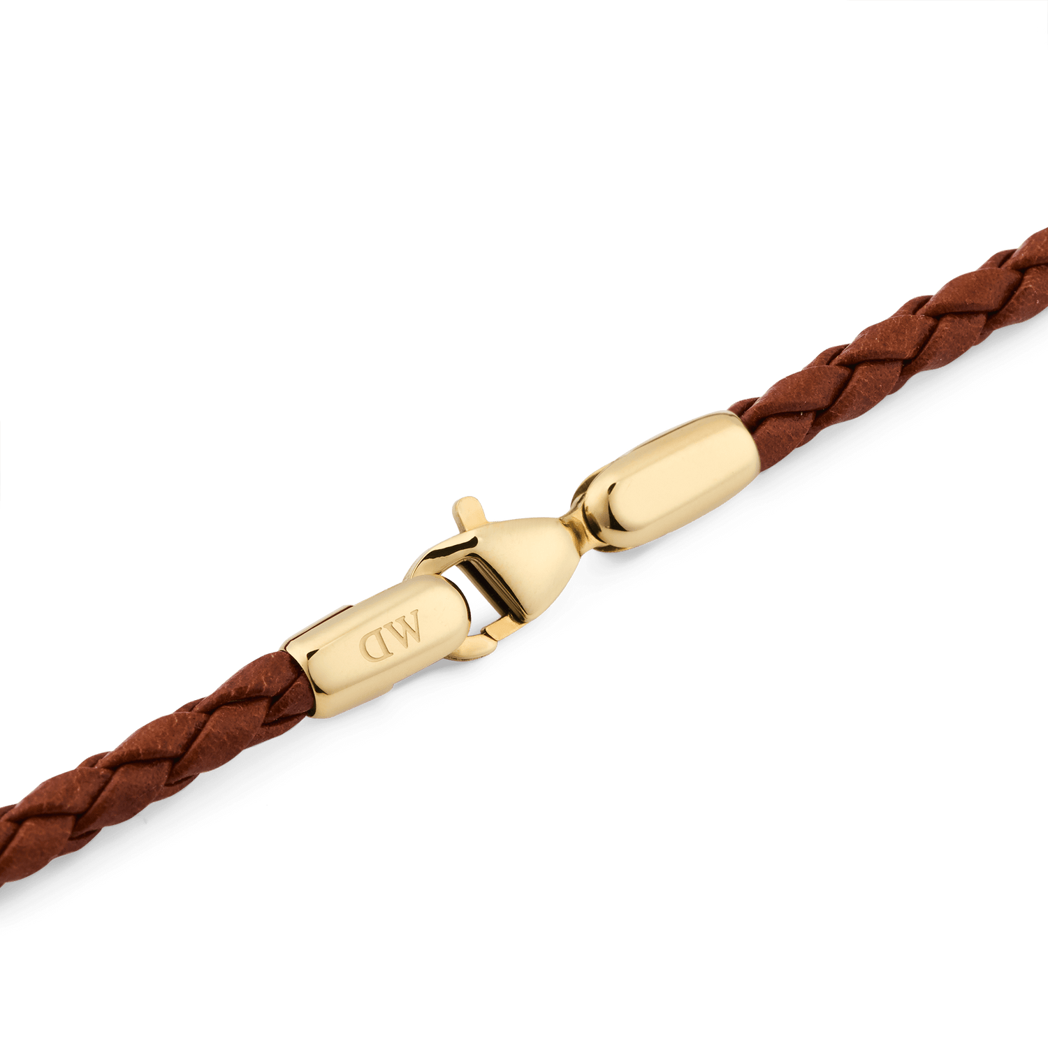 Detail view of the Daniel Braided Leather Bracelet St Mawes 2.8 Gold, highlighting the polished gold-tone lobster clasp engraved with DW and the finely braided brown leather band.