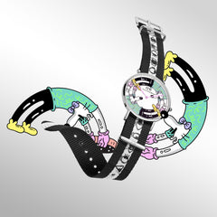 Steven Harrington x Daniel Wellington watch with a silver case, multicolour illustrated dial, and black and white NATO strap, shown with playful character artwork extending from the strap and dial for a bold, artistic effect.