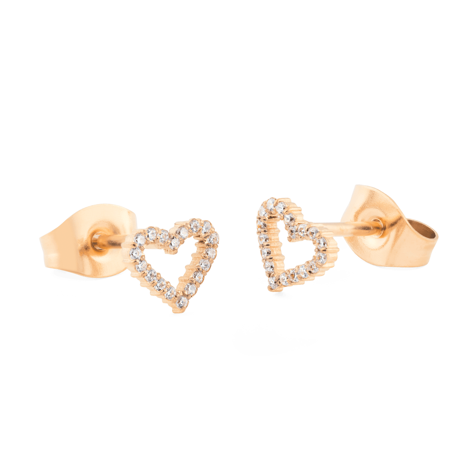 Mirelle Heart Earring Rose Gold studs featuring an open-heart shape in rose gold, set with sparkling white cubic zirconia and finished with secure butterfly backs.